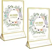 FayrVind 2 Pack A5 Gold Border Acrylic Sign Holders, Table Number Holders for Wedding, Double Sided Menu Display Stand, Poster Picture Frame, Clear Tabletop Holder for Store Restaurant Party Office