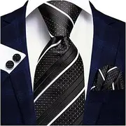 [VSOLS] Men's Blue Black Striped Tie 3.4" Tie Pocket Square Cufflinks Wedding Party Silk Tie Set (Color : SN-3415, Size : 59.06 * 3.35in)