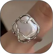 [Stringex] Silver Liquid Metal Pearl Rings, Irregular Baroque Water Texture Statement Rings, Fashionable Adjustable Charm Jewelry Gifts for Women Teen Girls