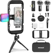 NEEWER Vlogging Kit for Phone with RGB LED Light/Lavalier Wireless Microphone System/Mini Table Tripod/Phone Cage Video Rig， Content Creator Essentials for iPhone Android Podcast YouTube， PA049