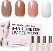 NAILOG Gel Nail Polish Set - 4 Colors Top Coat Color Gel Base 3-In-1 Soak Off UV Gel Polish Kit for Home DIY & Birthday Gifts for Women, Soft Clay