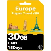 Europe Prepaid Travel eSIM Card 30GB Data 15 Days 31 Countries - Orange