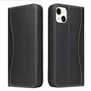 For iPhone 15 Case Fierre Shann Genuine Cowhide Leather Wallet Cover Black