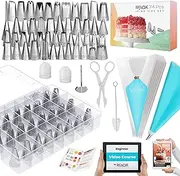 74PCs Icing Piping Bags and Tips Set-Cookie,Cupcake Icing Tips Cake Decorating Kit Baking Supplies -48 Numbered Cake Frosting Piping Tips with Reusable& Disposable Pastry Bags with Pattern Chart&Ebook
