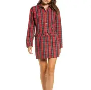 Current/Elliott Red Tartan Plaid Denim Cotton Jumpsuit Shirt Dress NWT Sz 1/2-4