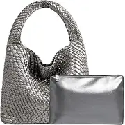 [JINMANXUE] Women Vegan Leather Hand-Woven Tote Handbag Fashion Shoulder Top-handle Bag All-Match Underarm with Purse