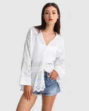 [Belle & Bloom] Unbutton Me Eyelet Button Down Shirt - White