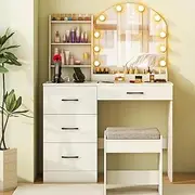 Giantex Makeup Vanity Desk with Mirror and Lights, Dressing Table and Stool Set with Charging Station, 3-Color Adjustable LED Lights, 4 Drawers and Open Storage Shelves, 100 x 40 x 140 cm (White)