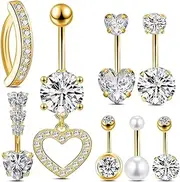 [kodivenj] 8 pcs Belly Button Bars,Belly Bar 14G Navel Bars,Dangly Belly Button Piercing Jewellery,Silver Stainless Steel Belly Bars with Flower Butterfly Heart Navel Piercing Jewelry for Women Girls