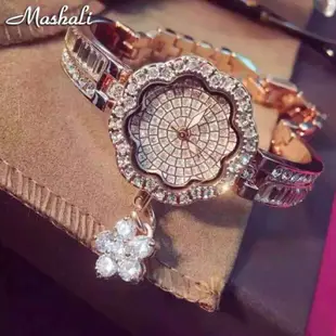 瑞士Mashali歐美品牌 韓版 時尚奢華花朵錶盤 滿天星面板 玫瑰金鑲嵌鑽花朵吊墜手鍊手錶 /女錶