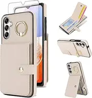 [Asuwish] Phone Case for Samsung Galaxy A14/M14 5G Wallet Cell Cover with Tempered Glass Screen Protector Ring Stand RFID Blocking Credit Card Holder Mobile Slot A 14 4G 14A 14M G5 Women Men Girls Beige