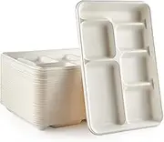 100% Compostable 6 Compartment Plates, 100 Pack Compartment Paper Plate, 12.5 * 8.6 inch Disposable School Lunch Trays, Eco-Friendly Bagasse Plates for School Lunch, Buffet, and Party