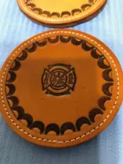 Set of Handcrafted Tooled Leather Coasters - Fire Maltese Cross