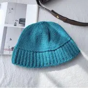 Plain Unisex Chunky Fisherman Knit Bucket Hat Blue - One Size