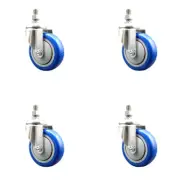 4 Inch 316SS Blue Polyurethane Wheel Swivel 3/8 Inch Threaded Stem Caster Set
