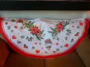 Christmas Round 60" Tablecloth, Poinsettias, Holly, Pinecones, birds, Red Border