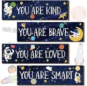 Yookeer 4 Pieces Space Room Decor for Kids Boys Outer Space Wall Art Posters Wall Galaxy Decor Spaceman Wood Sign Inspirational Motivational Quote for Baby Bedroom Classroom Nursery(You)