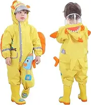[Fewlby] Toddler Kids Boys Girls One Piece Rainsuit Raincoat Waterproof Hoodie Coveralls Cute Cartoon Rain Jacket 2-8 Years