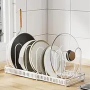 Expandable Pans Organizer Rack, 10 Adjustable Compartments, Cookware Holder for Pantry or Cabinet, White