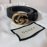 在飛比找蝦皮購物優惠-近全新 Gucci 古馳 正品 仿舊金屬雙G扣式皮帶 牛皮 