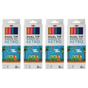 4x 6pc Jasart Dual Nib Tip Brush Fineliner 0.4mm Marker Art Drawing Set Retro