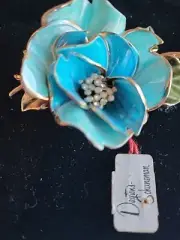 Vintage Signed Vendome Blue Enamel & Rhinestone Flower Brooch Pin Box,Tag NOS