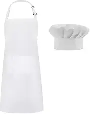 White Chef Apron Hat Set, Chef Hat and Kitchen Adult Adjustable Baker Costume Apron for Men and Women，BBQ Drawing