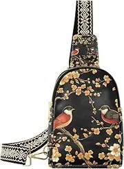 [miaozhen] Trendy Black Red New Year Birds and Flowers small sling bag waterproof for women fanny pack for day pack, Black Red New Year Birds and Flowers, Cross-body-handbags