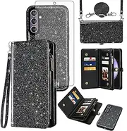 [Asuwish] Phone Case for Samsung Galaxy S23 FE 5G Zipper Wallet Detachable Cell Cover with Tempered Glass Screen Protector Lanyard Wrist Strap Flip Credit Card Holder Slot S 23 EF S23FE 23S Women Black