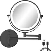 FFowcye 8" Wall Mounted Makeup Mirror with Lights, Rechargeable LED Bathroom Shaving Mirror, 1X/10X Double-Sided Magnifying, 3 Colour Dimmable Illuminated, 360° Rotation, Black