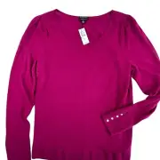 NEW TALBOTS Pullover Scoop Neck Button Sleeve Sweater Medium Pink Merino Wool