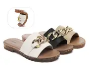 EVERAU® Women Leather Metal Ultra Soft Flat Slides Jianna - Nude / AU Ladies 8 / AU Men 6 / EU 39