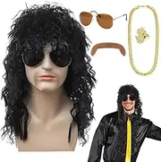 Generic 80s Wig for Men | Curly Long Mullet Wig - Complete Set with Glasses, Mustache, Necklace & Ring