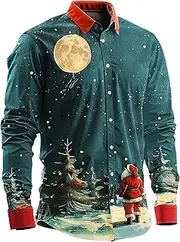 [Generic] Dress Shirt Button Christmas Santa Snowman Pattern Long Sleeved Shirt Men Swim Shirts