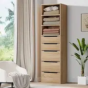 ALFORDSON Wardrobe Cabinet with 5 Sliding Drawers and Open Shelves Wood Color, Compact Wooden Closet 50.5X 40x 185 cm, Dresser Clothing Organizer Clothes Storage Cupboard for Bedroom Living Room