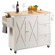 Kitchen Island Cart with Solid Wood Top, 1150mm Width Mobile Carts with Storage Cabinet, Rolling Kitchen Table with Spice Rack, Towel Rack, Drop Leaf and Drawer, Portable Islands on Wheels