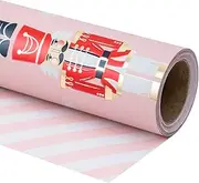 LeZakaa Reversible Christmas Wrapping Paper Roll - Pink Metallic Foil Gift Wrap Paper with Nutcracker & Stripe - 17 inches x 32.8 Feet (46.45 sq.ft.)