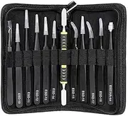 Aswalling Tweezers 12 Pieces ESD Tweezers Tools Kit Anti-Static Non-Magnetic Stainless Steel Multi-Standard with Storage Bag