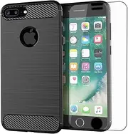 Asuwish Phone Case for iPhone 7plus 8plus 7/8 Plus with Tempered Glass Screen Protector Cover and Slim Thin Soft TPU Cell Protective i Phone7s 7s + 7+ 8s 8+ Phones8 7p 8p Women Men Carbon Fiber Black