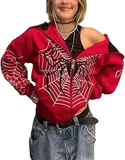 [Seyumixi] Women Vintage Print Oversized Hoodie Sweatshirt Grunge Graphic Zip Front Jacket Coat Plus Size Y2k Hooded Clubwear