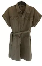 Buffalo David Bitton jean dress Olive Green Button Down Shirt belted size Large
