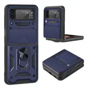 For Samsung Galaxy Z Flip 3 5G Case, Military Grade 360 Degree Rotating Metal Magnetic Ring Car Mount Holder Kickstand Shockproof Heavy Duty Cover (Navy Blue)