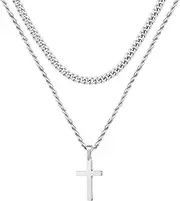 [FASHGOOD] Cross Necklace for Men,18K Gold Plated Double Layered Cross Necklace Stainless Steel Mens Cross Necklaces Chain Gold Silver,Layered Rope Chain Cross Necklace for Men Boys 16/18/20/22/24 Inch