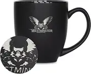 Rico Industries NCAA Westminster (MO) Blue Jays 15oz Laser Engraved Matte Black Ceramic Bistro Mug - for Hot or Cold Drinks