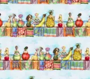Elizabeths Studio – Fruit Ladies – Border Stripe – Blue - 1502E-BLU, Fabric BTY