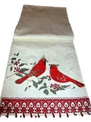 NEW Holiday RED CARDINAL BIRD TABLE RUNNER 13 X 72 Embroidered Lace CHRISTMAS