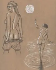 Nude female figure drawing pencil artist Jerome Cadd 3 Moon night white chalk