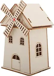 Generic DIY Solar Powered Unfinished Wooden Windmill Model Interactive Plaything for Science Experiment Project Home Decor Accent for Desks Shelves