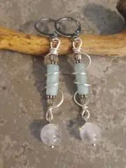 UNIQUE AMAZONITE STONE/NATURAL QUARTZ BEAD/SILVER WIRE WRAP/ACCENT BEAD EARRINGS