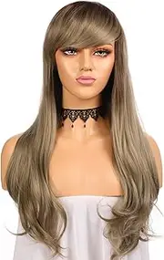 Wavy Wig with Bangs for Women, Ash BlondeSynthetic Curly Wig, 24 Inches Heat Resistant Fiber Hair Replacement Natural Looking Long Wigs